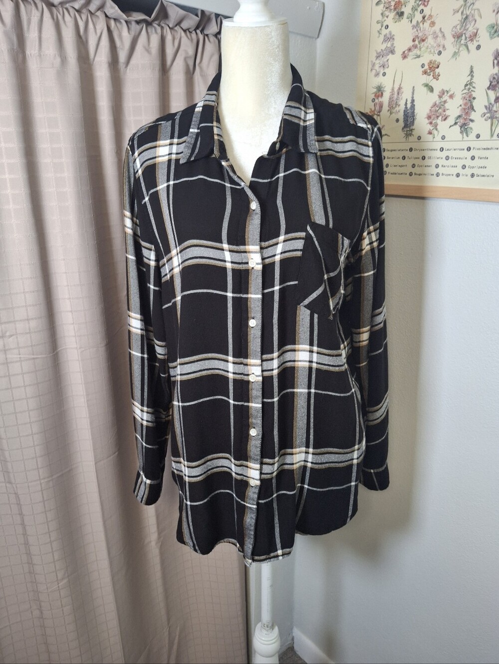 Lucky Brand Black White Plaid Long Sleeve Button Up Flannel Shirt Size Large